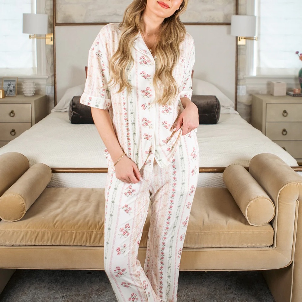 Ivy City Co White Floral Stripe Pajama Set with Pink Accents